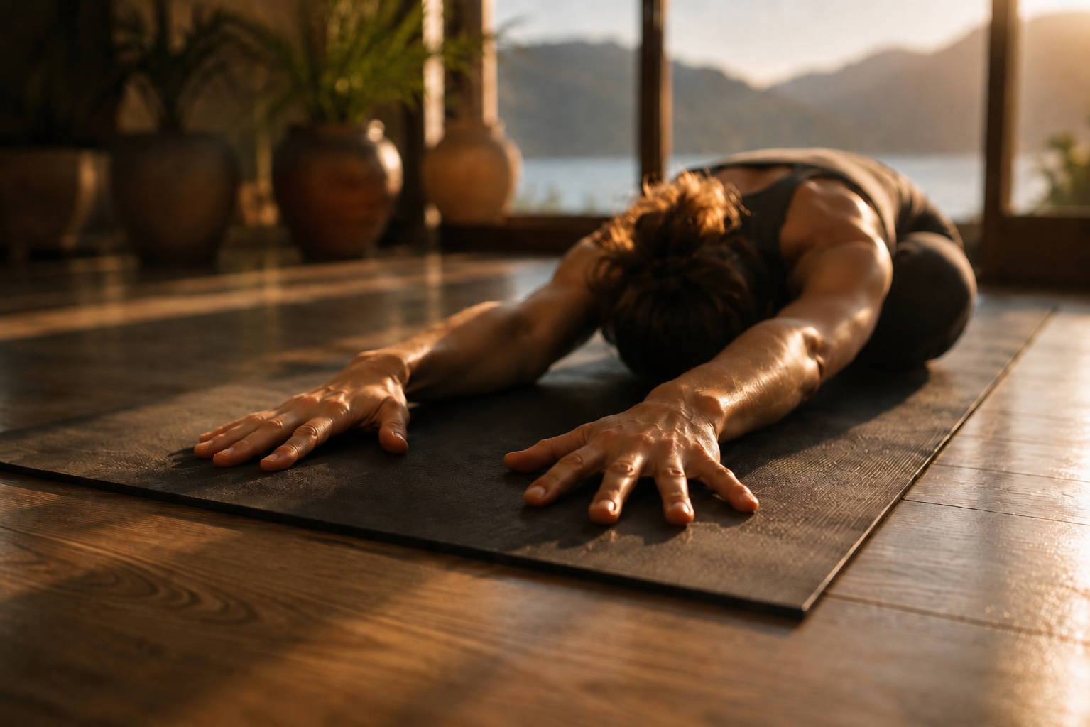 Close-up of a yoga posture in warm sunlight