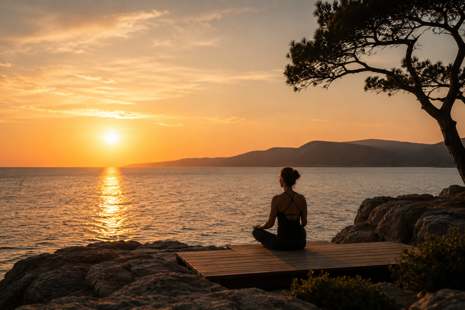 Meditation by water at sunset