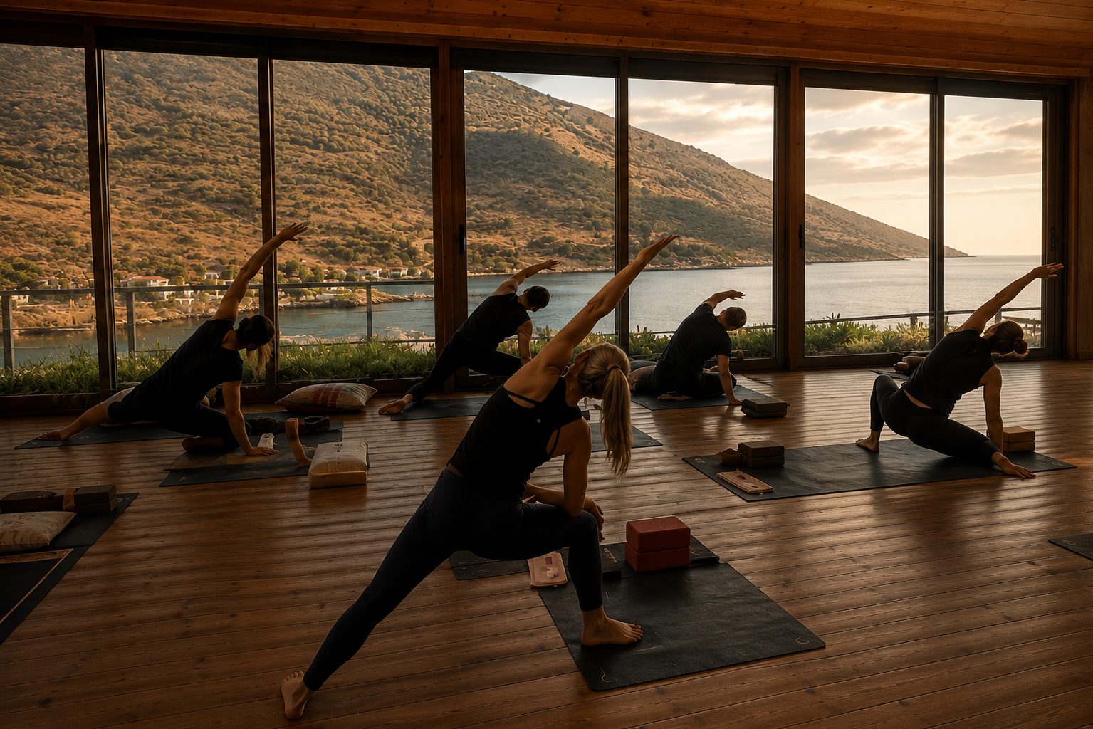 Group yoga class practising together in warm light